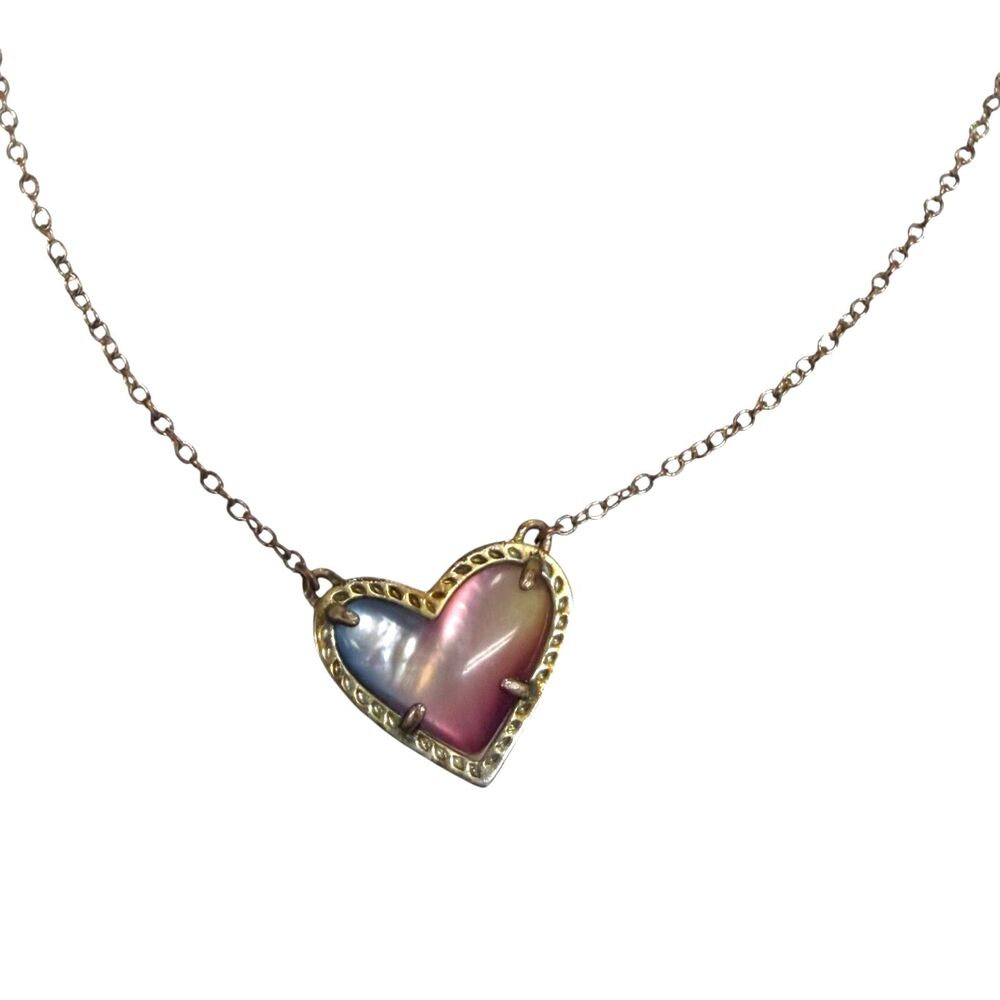 Kendra Scott Ari Heart Gold Tone Necklace Watercolor Illusion Dichroic Glass